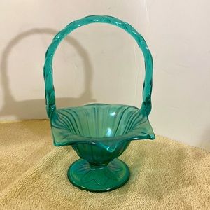 Iridescent aqua blue glass bowl with twisted handle